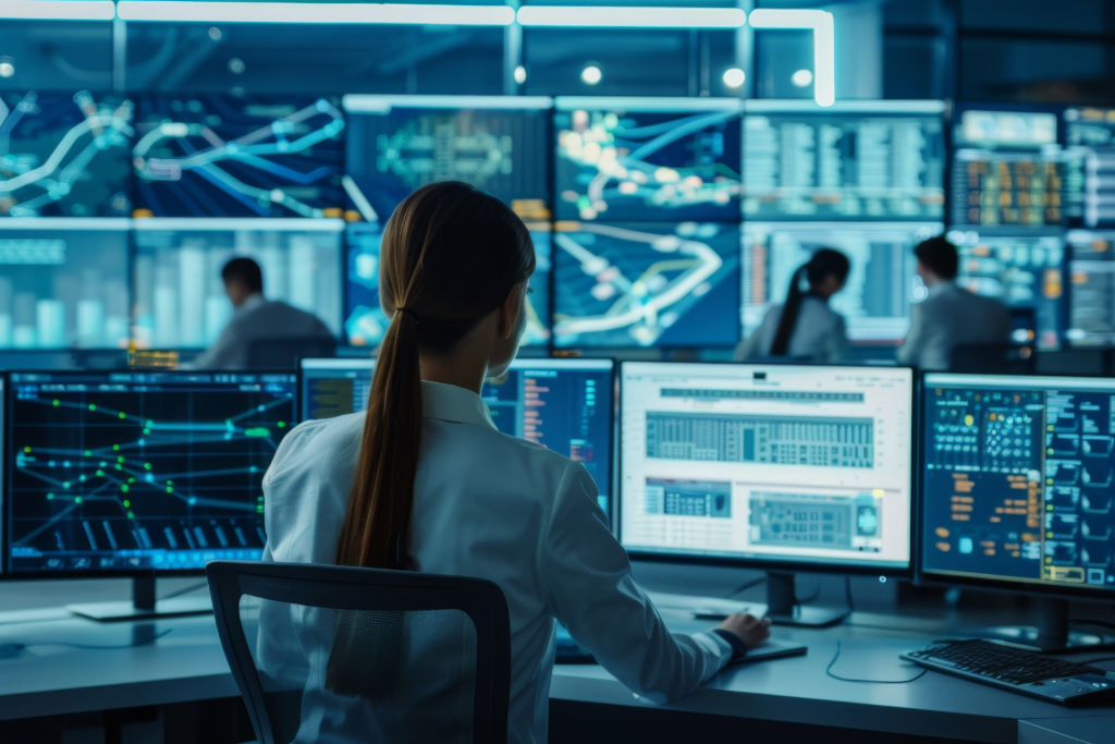 IT Security Spezialistin überwacht über mehrere Bildschirme die IT Infrastruktur.